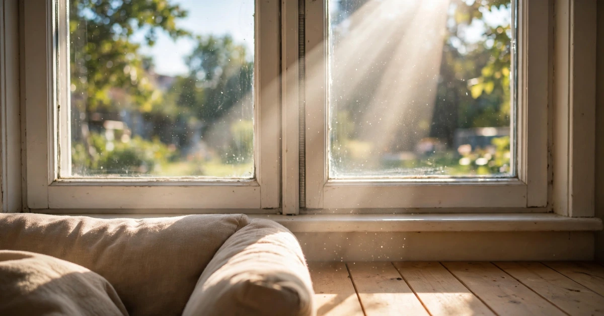 Summer sunlight streaming through a residential window onto a sofa and wooden floor