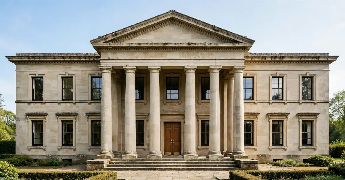 Symmetrical stone building facade with central columned entrance and pediment