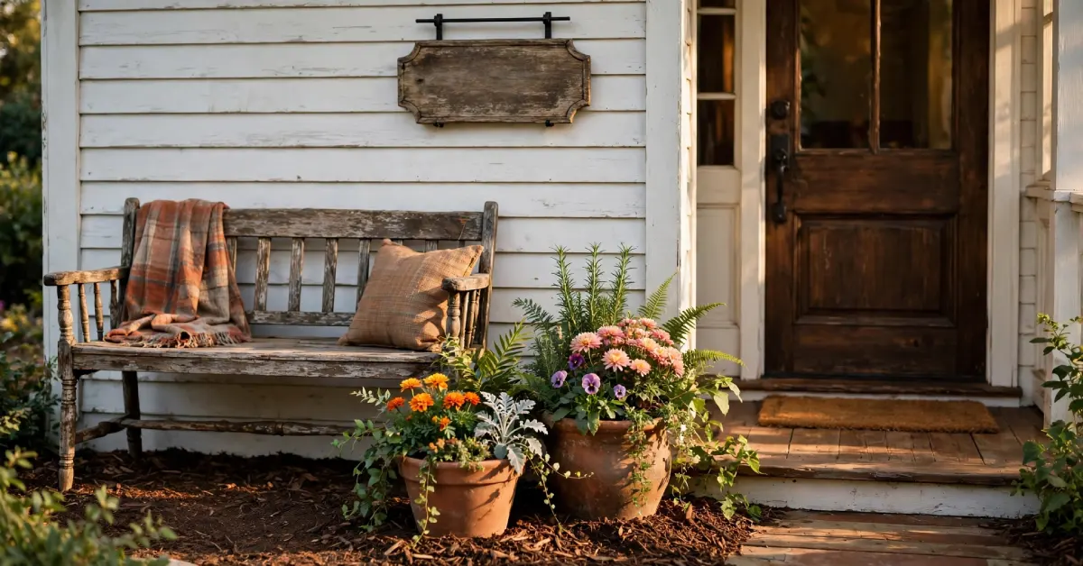Front porch with a vintage bench, terracotta planters, and fresh mulch beside the entrance