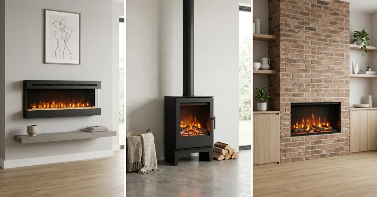 Three modern electric fireplaces showing wall-mounted, freestanding and inset designs in a bright UK room