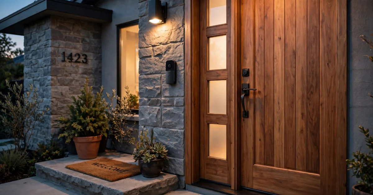 Black video doorbell mounted beside a wooden front door with a welcome mat on the step..