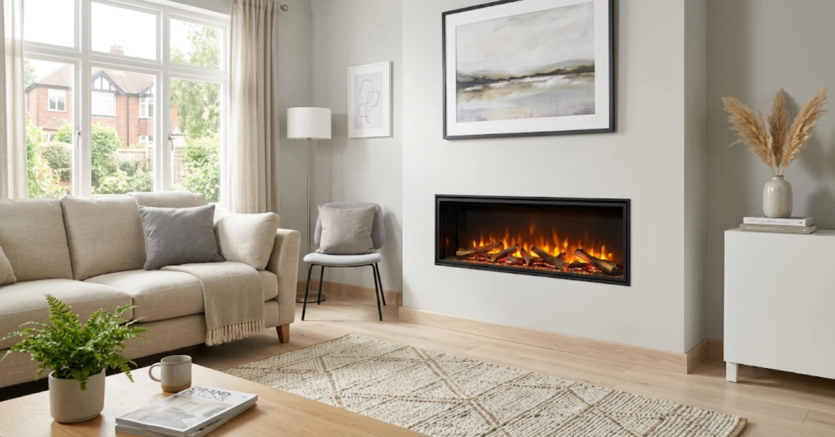 Wall-mounted electric fireplace fitted to a painted wall in a modern UK living room