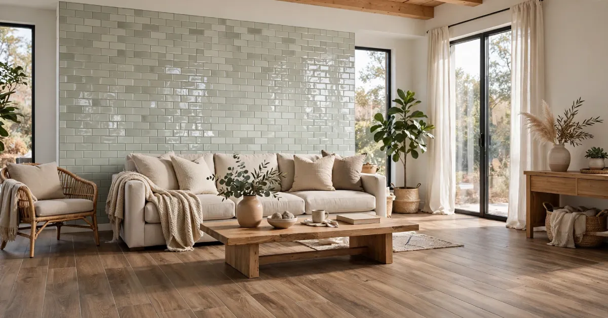 Living room with wood-look porcelain floor tiles and a glazed ceramic feature wall
