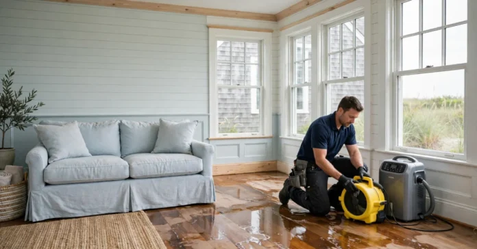 Water damage restoration team drying a flooded Cape Cod home