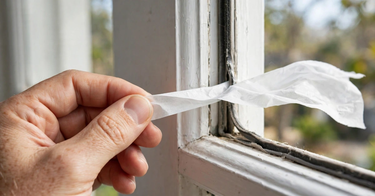 Hand holding tissue paper near a window frame to test for drafts and air leaks