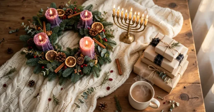 Warm living room table with candles, a menorah, and wrapped gifts for winter holidays